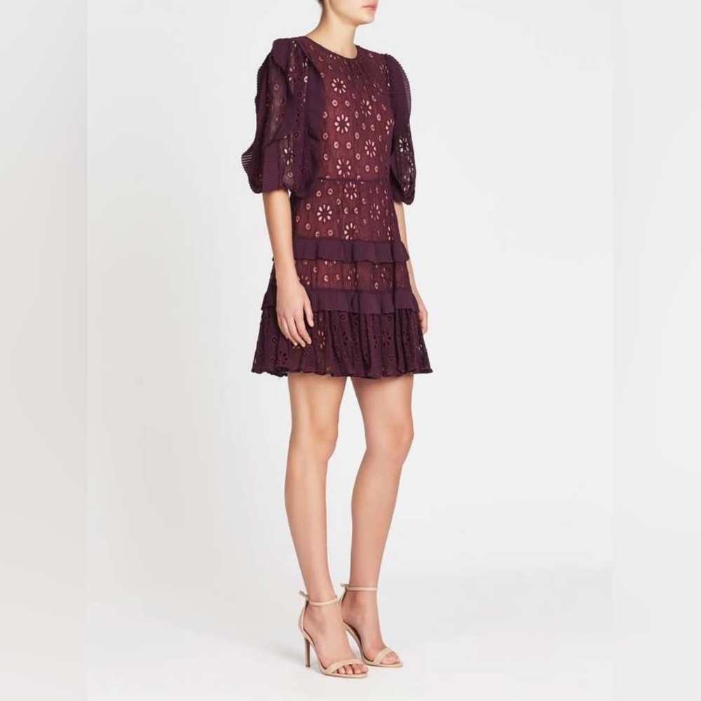 Rebecca Taylor Pinwheel Eyelet Cutout Mini Ruffle Dress Plum Size 6
